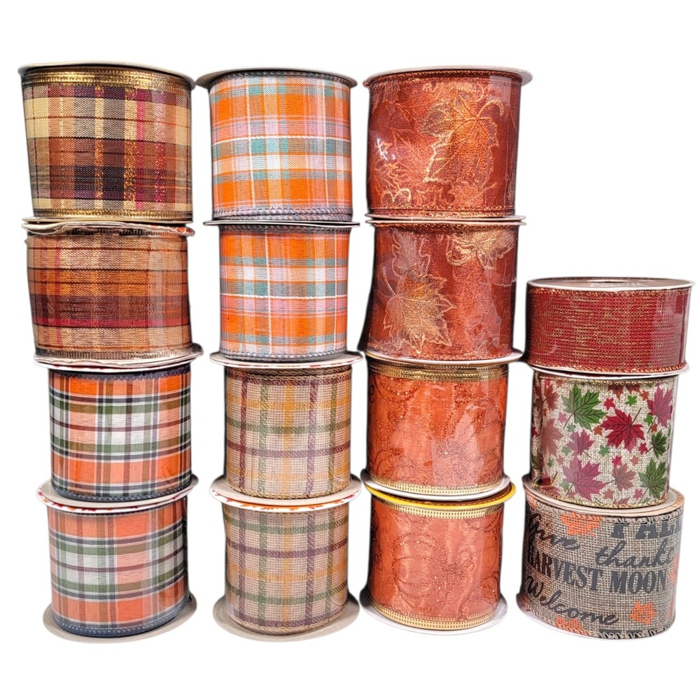 Fall Wire Edged Ribbon Lot of 15 47 Yds Autumn Harvest Thanksgiving Wreath Craft